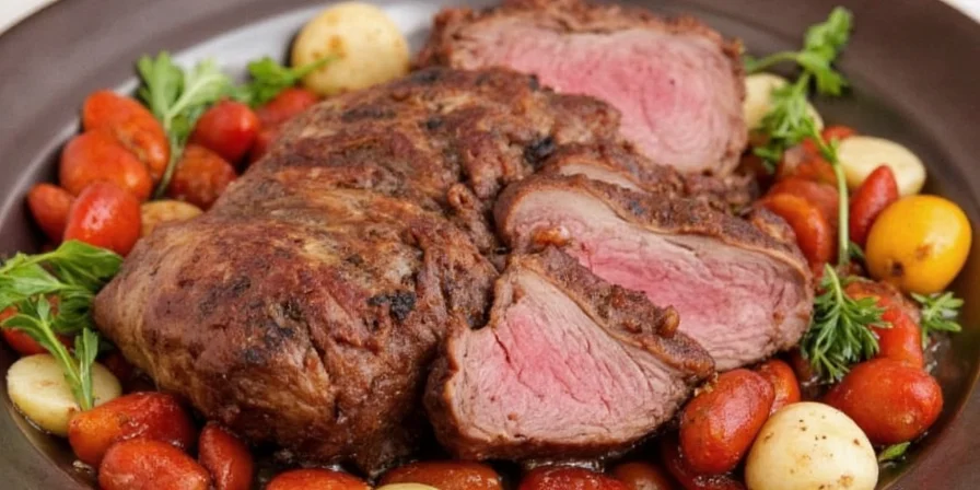 Over-seasoned pot roast with extra herbs sticking out