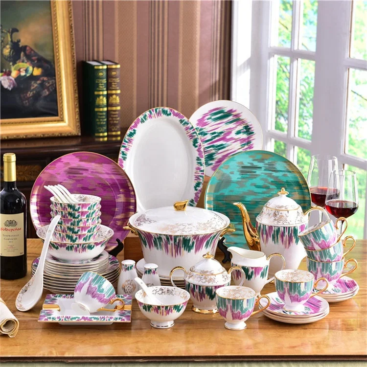 

Luxury Decal Fine Bone China Dinner set Kitchen Utensils Colorful Ceramic Dinnerware Set, Equator jungle series tableware set