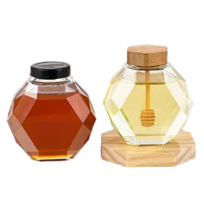 

SQ48 Empty Hexagonal Honey with Wooden Cork Food Grade Glass Packaging Sealed Cans Hexagonal Honey Jars, As pic