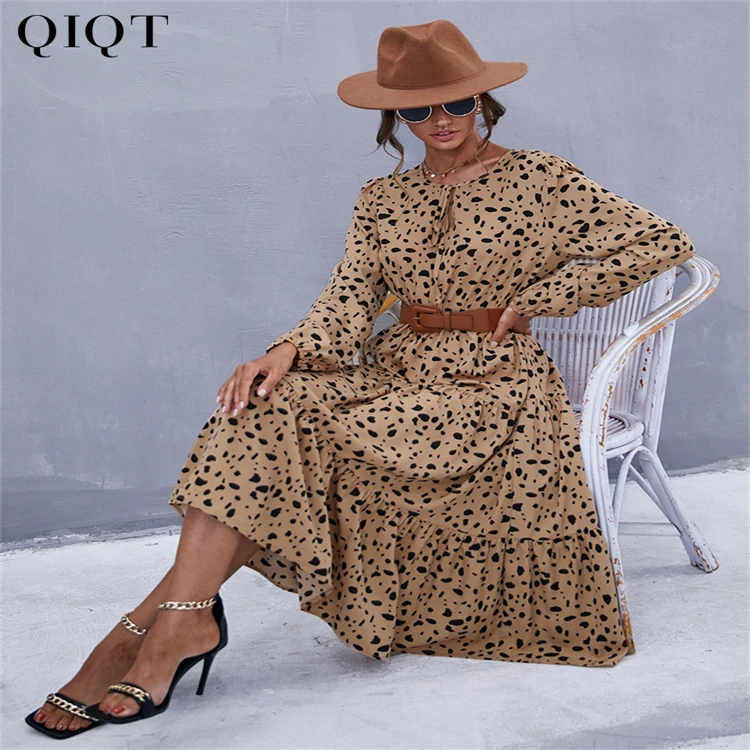 

New Trendy 2021 Fall Leopard Print Long Sleeve Dress High Waist Chiffon Fabric Dress Women