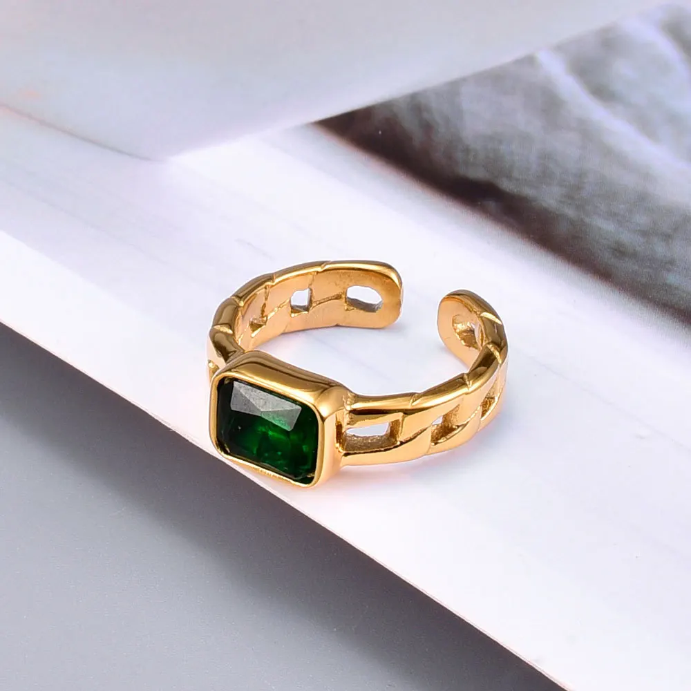 

Vintage 18k Gold Plated Link Chain Emerald Gem Stone Ring Delicate Jewelry Square Green Gemstone Resizable Stainless Steel Ring