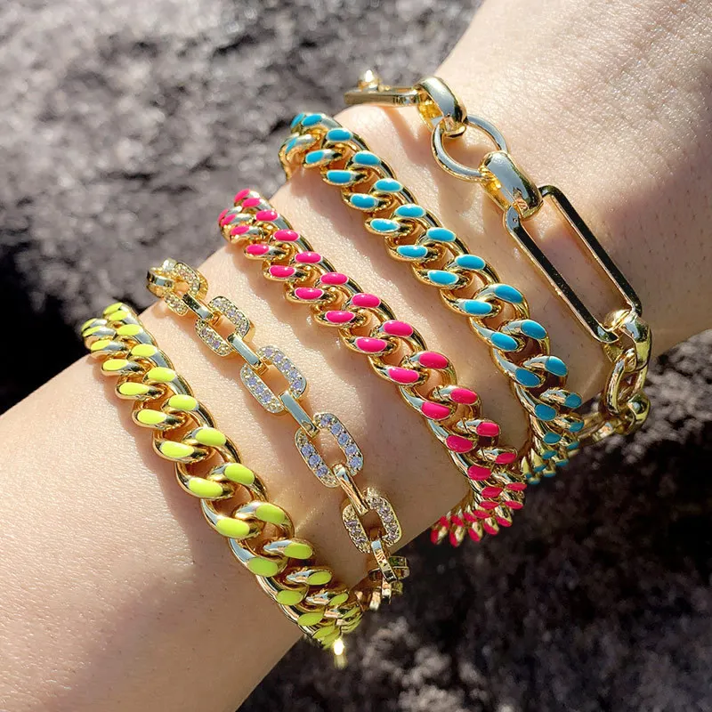 

Boho 2020 New Fashion Colorful Enamel Real Gold Plated Thick Copper Brass Cuba Chain Bracelet For Women