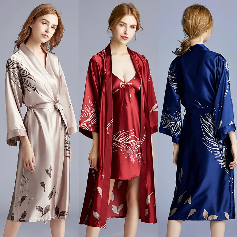 

Ladies luxury robe women night silk sleepwear gown ice silk like satin long dress, Camel,red,blue