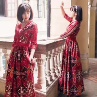 

Fashion India Nepal vintage ethnic style long sleeve big swing holiday casual red dress