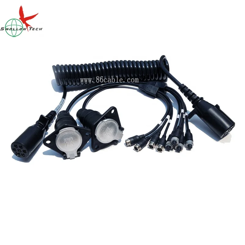 

trailer wire electrical spiral cable 7 core spiral coiled wire cable for 4 vehicle cameras, Black