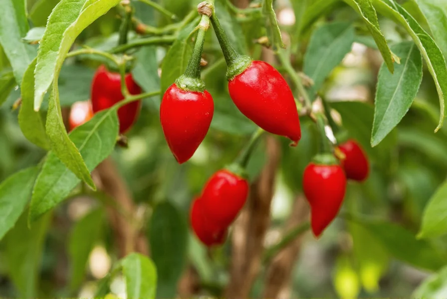 Close-up of vibrant red Calabrian chili peppers growing on plant in Mediterranean garden