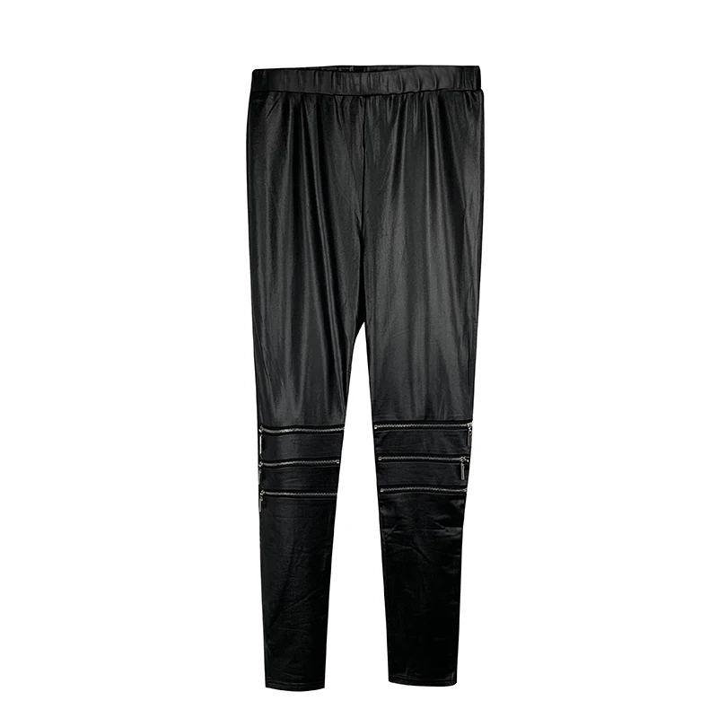 

hight waisted thicker faux pu fleece leather leggings Leg zipper trim for women tights pants