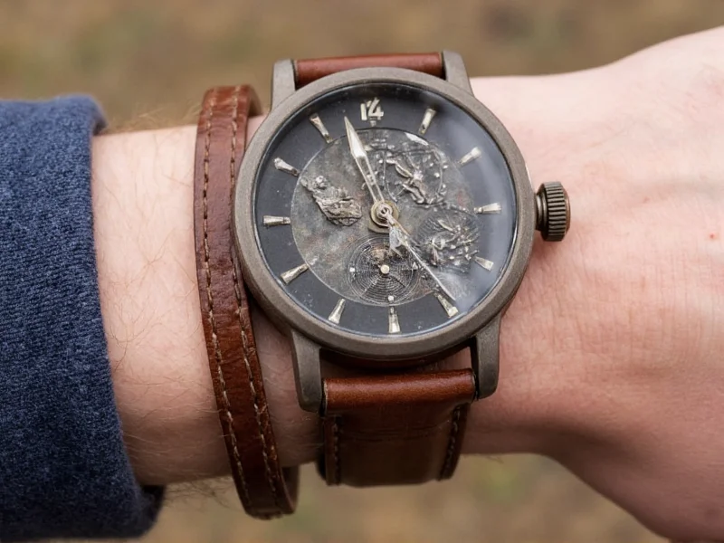 Finished DIY watch on wrist with custom leather strap and recycled metal case