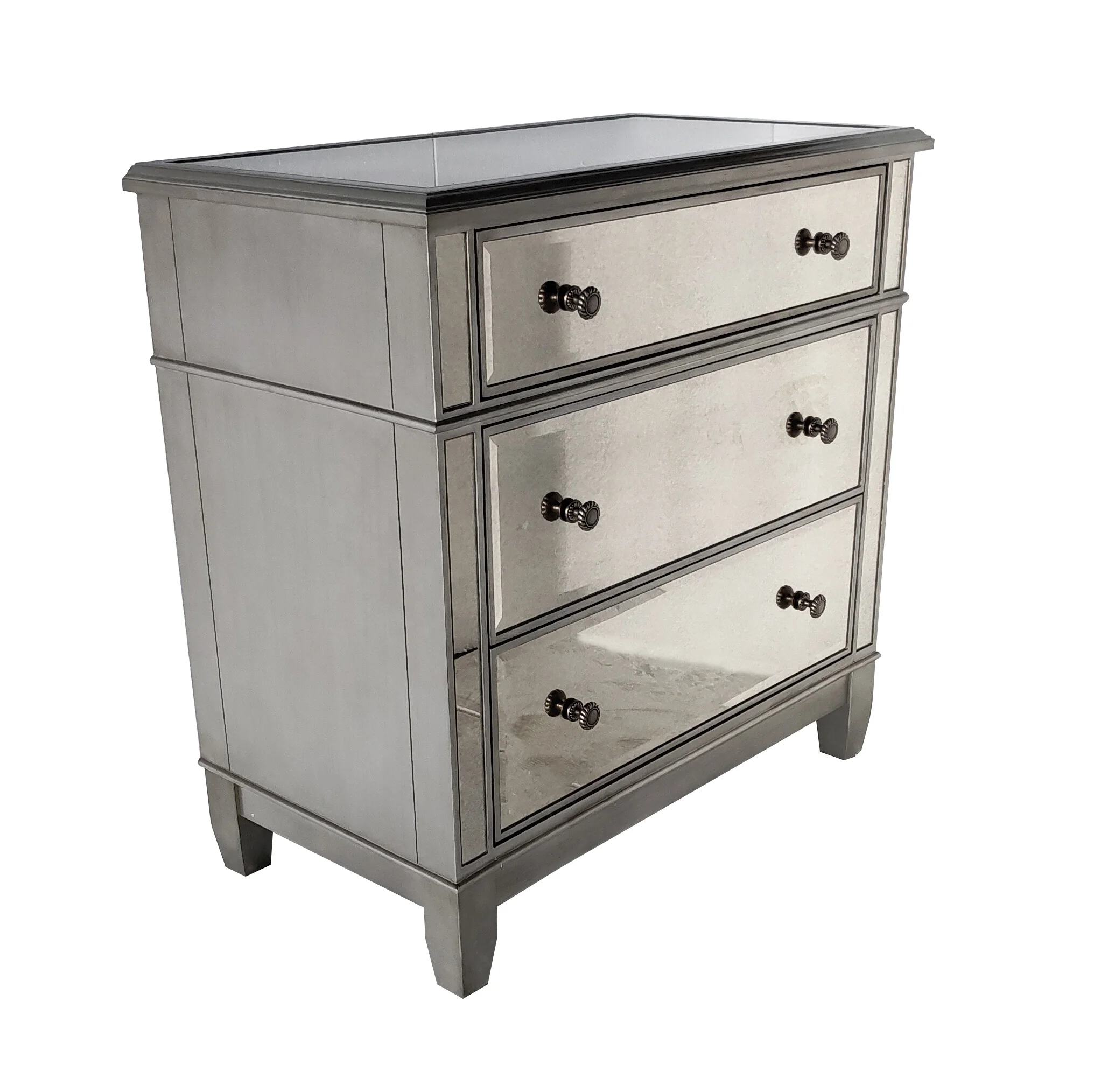Modern Bedroom Room Furniture 3 drawers with Antique mirror Specific Use Stock Mirrored glass Nightstand  Bedside