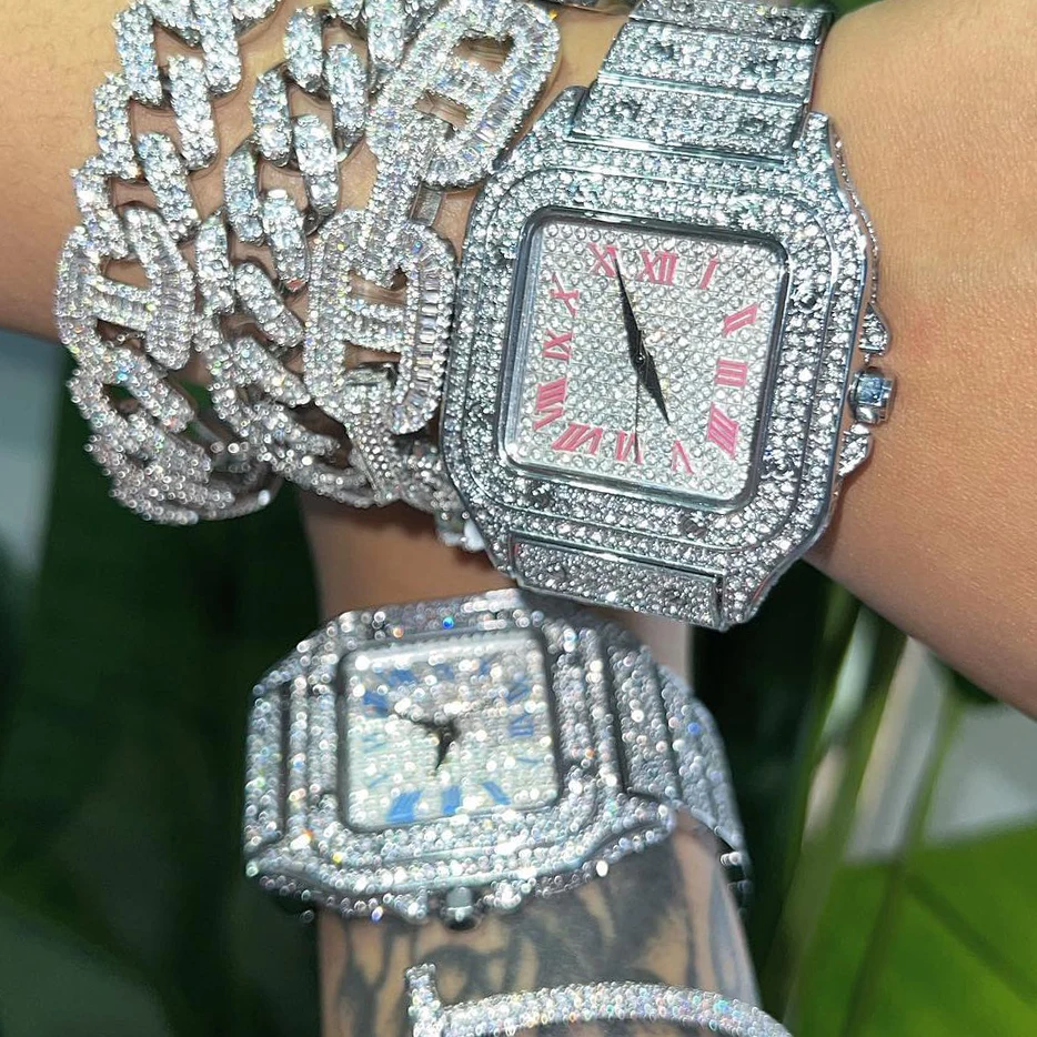 

2022 New Hip Hop Watch Square Face Blue Pink Number Watch For Men and Women, Black/brown