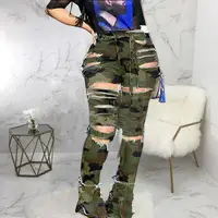 

KHS2090 Fashion sexy hole high waist camouflage flare denim jeans plus size