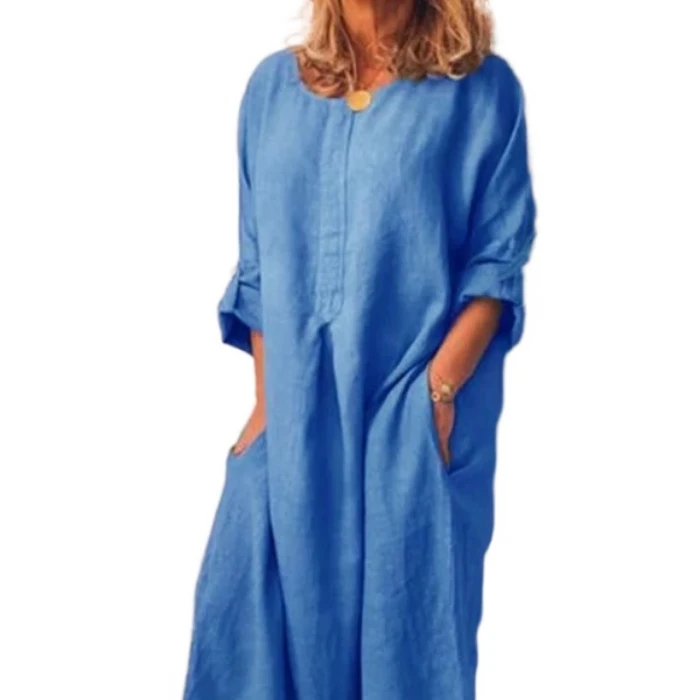 

Plus Size Women's Midi Dress Long Sleeve Line Dresses Super Solid O Neck Loose Pocket Casual Vintage Vestidos Robe Femme Summer