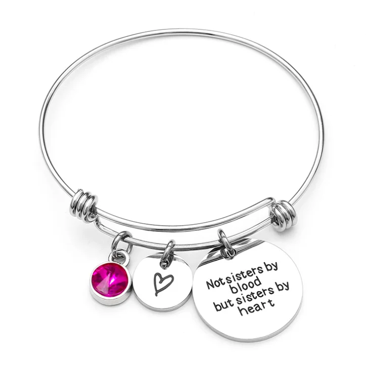 

Birthstone Pendant Bangle Bracelet Femme Women Adjustable Engraving Logo Wire Jewelry Custom 316L Stainless Steel Charm Bracelet