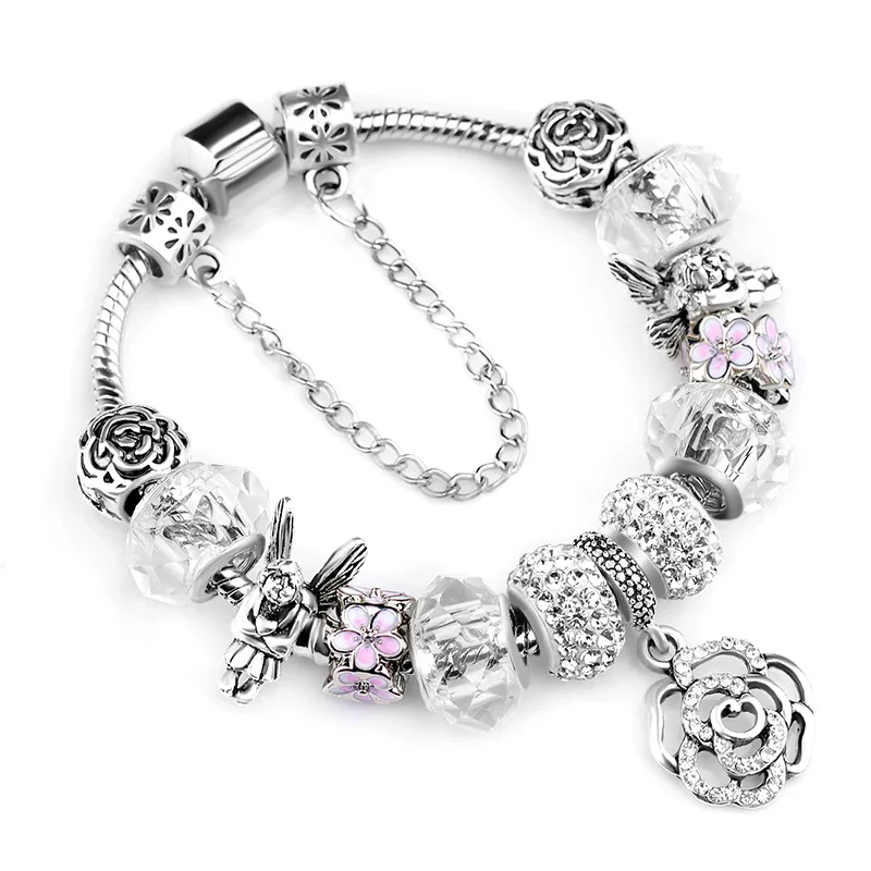 

Fashion Silver Charms Bracelet Bangle For Women Crystal Flower Fairy Bead Fit Brand Charm Bracelets Jewelry, As pic color