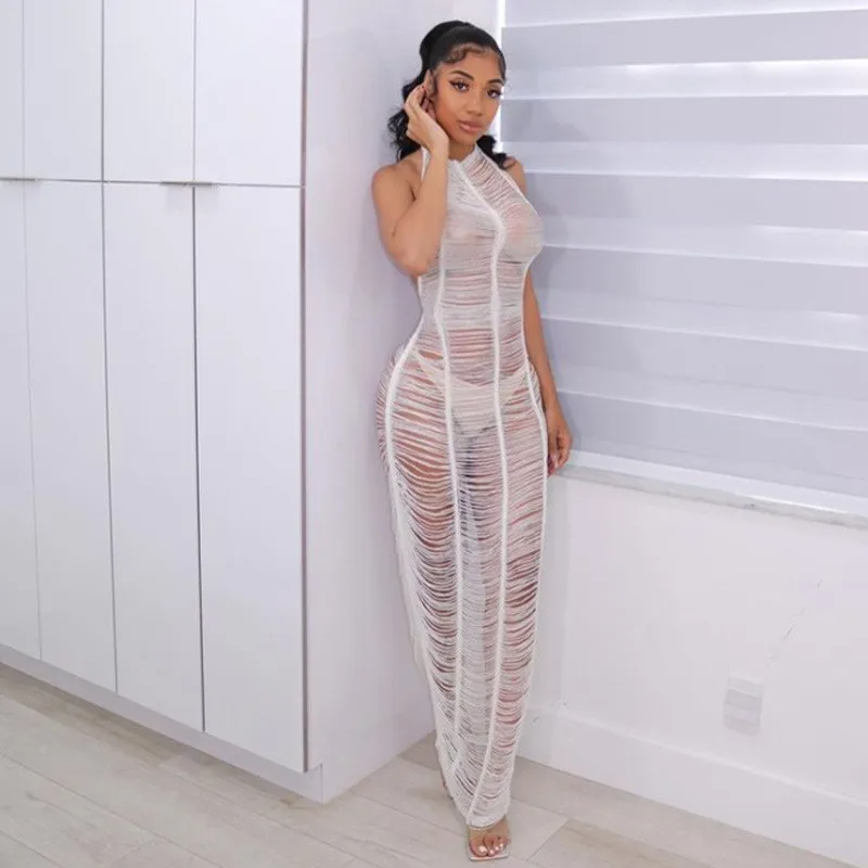 

Hot-selling solid color beach dresses 2021 new summer hollow perspective mesh dress for women, Customized color