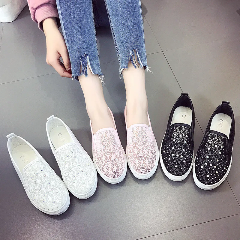 

Woman Spring Summer Lace Mesh Breathable Rhinestone Loafer Flats Shoes, Black/white/pink