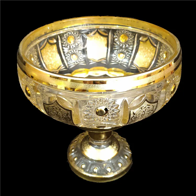 

Engraved antique golden plating candy bowl glass fruit bowl with stand