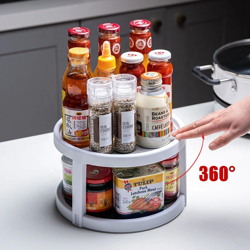 

Non-skid 2 tier double layer lazy susan kitchen cabinet pantry turntable organizer rotating spice rack, Gray