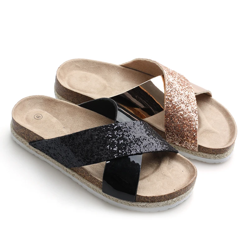 

Women fashion causal glitter patent upper EVA outsole cow suede insole outdoor cork slipper, Black/pink
