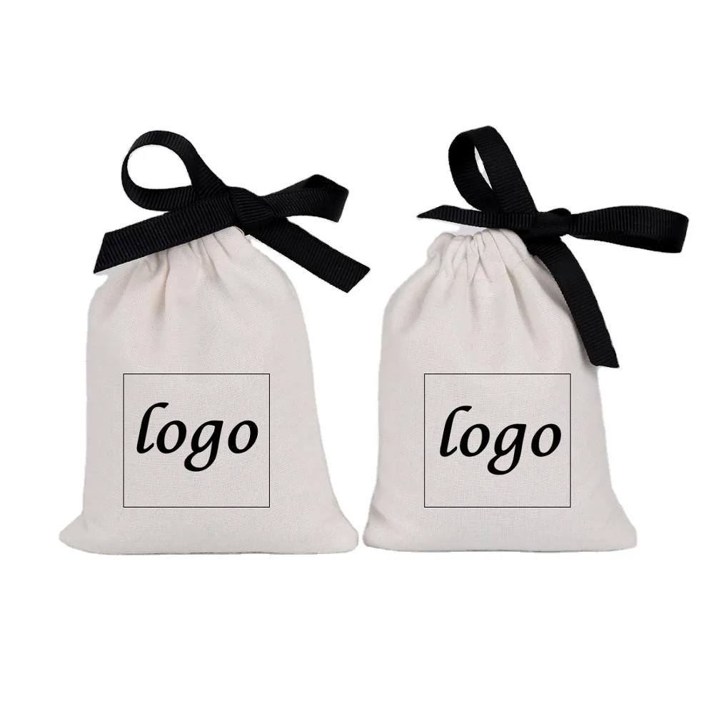 

Personalized Custom Logo Chic Small Jewelry Packaging Wedding Favor White Cotton Canvas Drawstring Pouch