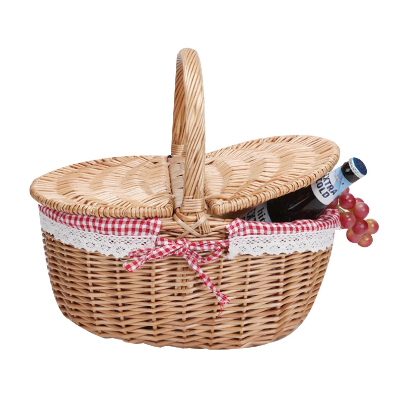 

Widely Used Bread Fruit Woven Willow wholesale empty weave Wicker handle picnic hamper basket with lid gift food Storage Basket, Red/white