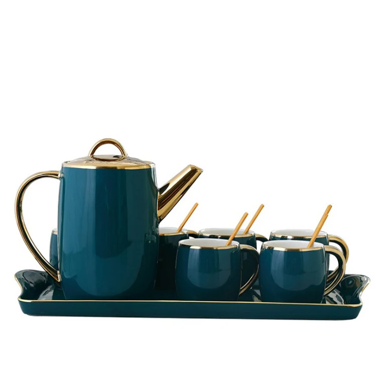 

High quality gold rim elegant teapot porcelain Coffee Tea Cup Sets with tray for gift