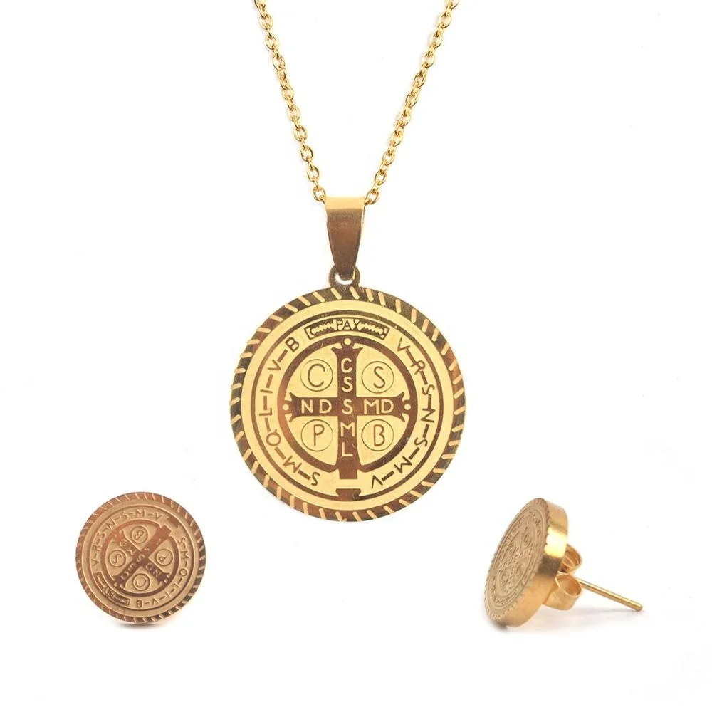 

fashion gold Saint Benedict Medal Necklace and Earrings Stainless Steel Christian Catholic Exorcism Jewelry Set