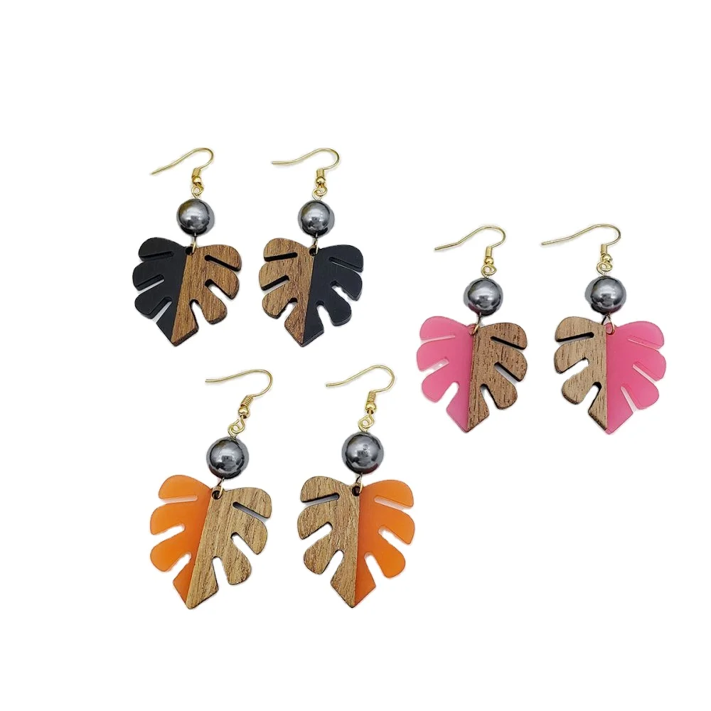 

Hawaiian fashion geometric Monster leaf pearl Earring resin wood earrings