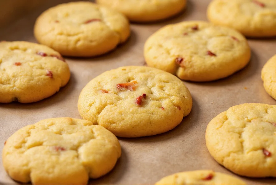 Close-up of golden brown chili pepper cookies with visible flecks of red chili on baking sheet