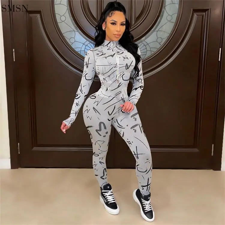 

Best Design Printing Long Sleeves Zipper One Piece Yoga Bodysuit Jumpsuit Bodycon Jumpsuit 2021