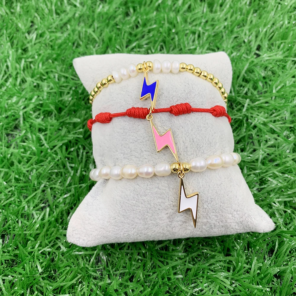 

Lucky lightning shape enamel pendant Pearl/Gold bead plated chain bracelet string bracelet Bulk DIY jewelry wholesale