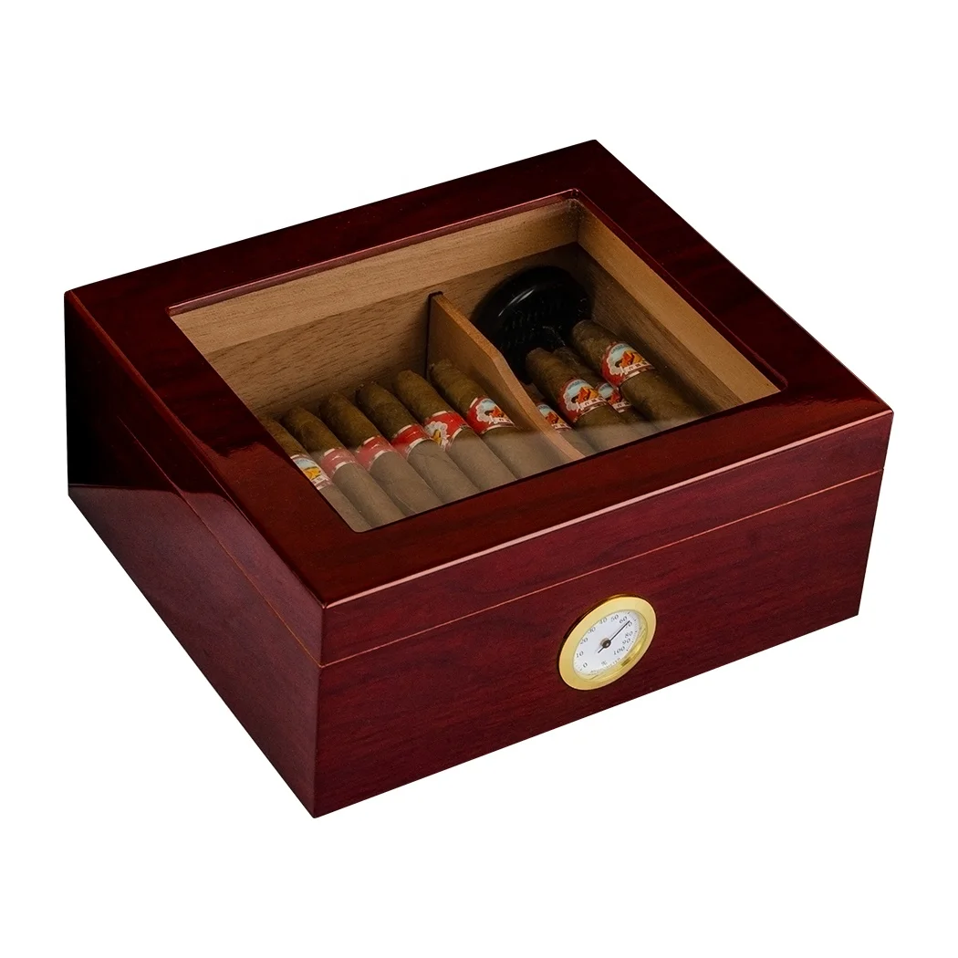 

Custom Modern OEM Highend Glass Top Cedar Wooden Desktop Cigar Humidor Box With Hygrometer, Brown or customized color