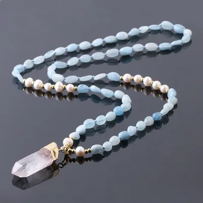 

Natural Black Tourmaline Gemstone Necklaces With White Quartz Pendant Irregular Beads Blue Aquamarine Amethyst Necklaces, As picture show