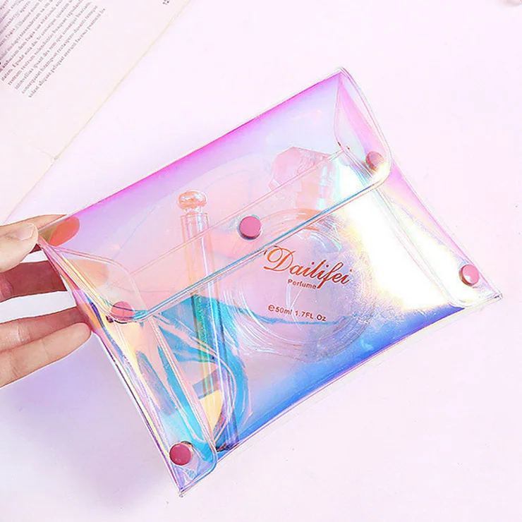 

PAXDUN Custom Logo Girls Laser Iridescent Pvc Cosmetic Bag Jelly Envelope Makeup Bag For Women, Holographic