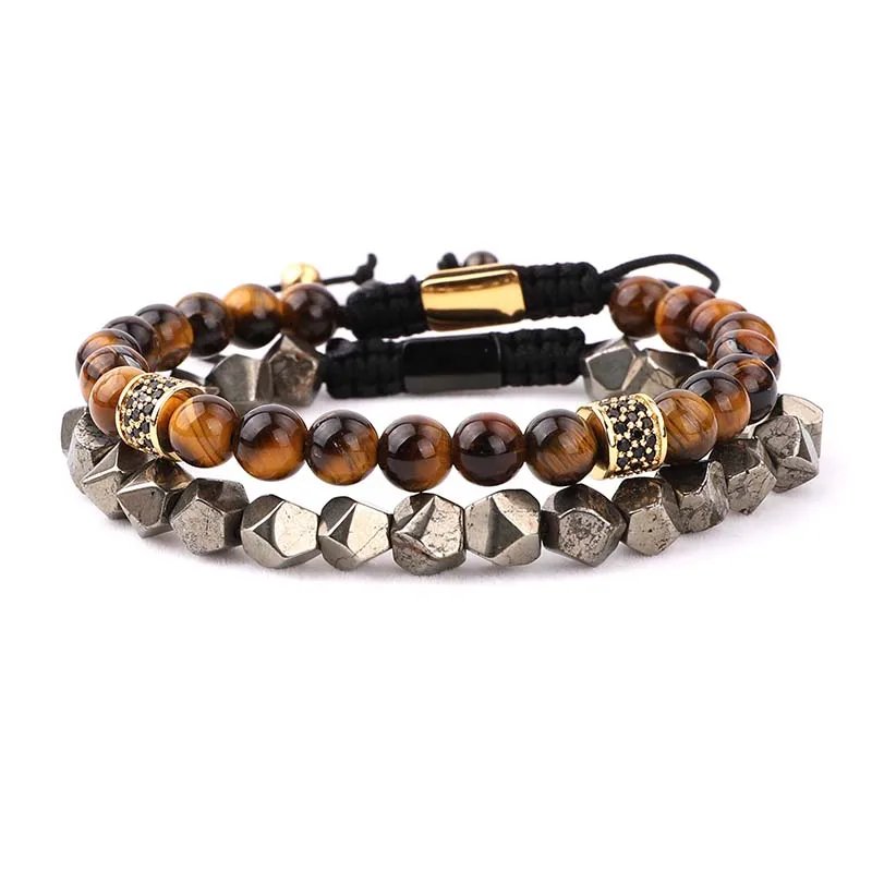 Renting Jewelry New Design Natural Lava Rock Tiger Eye Pyrite Stone CZ Charm Handmade Jewelry Bracelet Set for Men