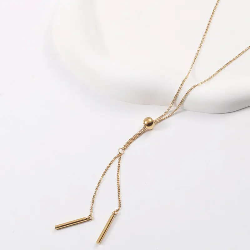 

18K Gold Plated Stainless Steel Bar Tassel Pendant Bead Choker Necklace Design Jewelry Wholesale