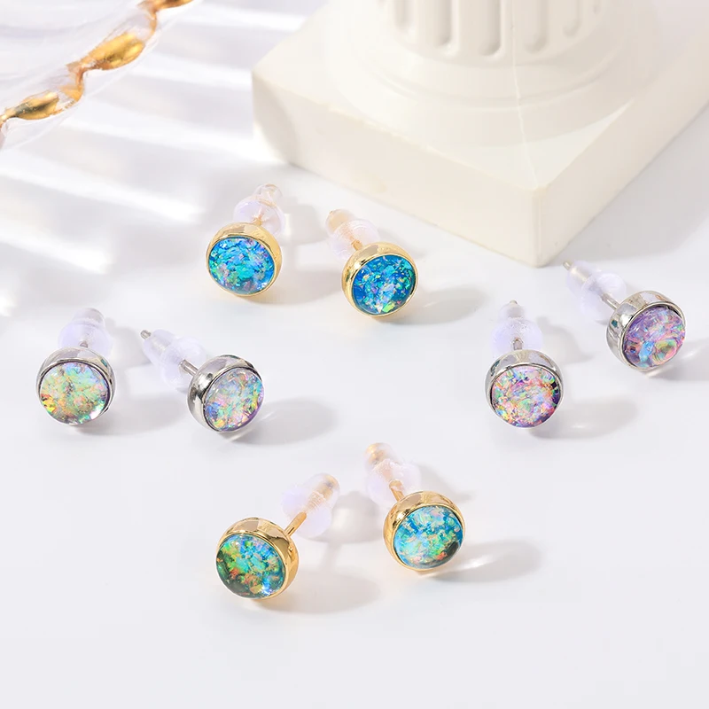 

HOVANCI New Trendy Round Bezel Opal Stone Stud Earrings Ore Star Jewelry Women Small Stud Earrings