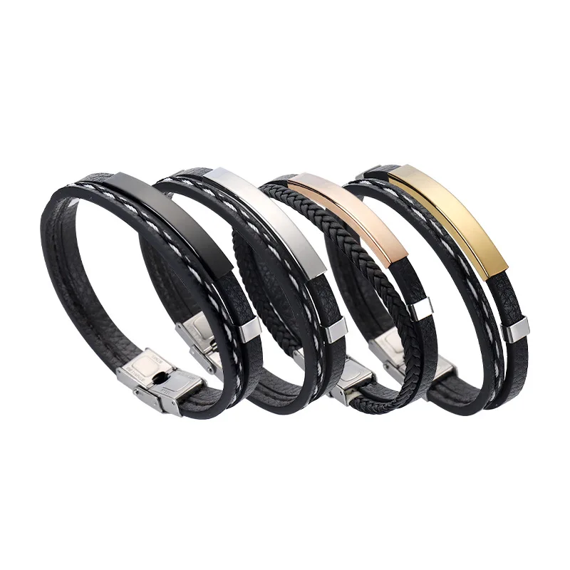 

Wholesale Price Accept Small Order Leather Cuff Bracelet For men Four Colors Stainless Steel bracelet DIY Engraved Jewelry