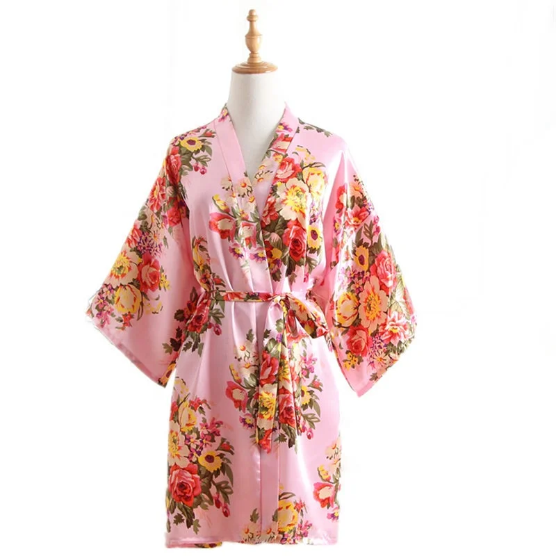 

Silk Satin Wedding Bride Bridesmaid Robe Floral Bathrobe Short Kimono Night Robe Bath Robe Fashion Dressing Gown For Women