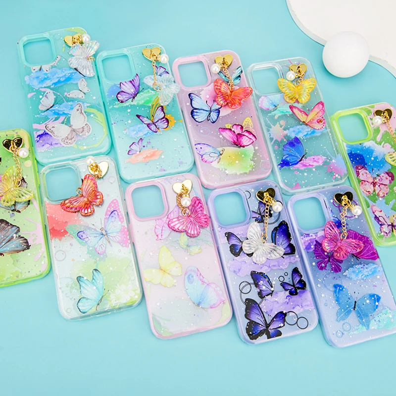 

2 in 1 Colorful Glitter with Butterfly Design Epoxy Mobile Phone Shell for iphone 11 12 max pro x xs xr, Yellow / purple / blue / pink / white