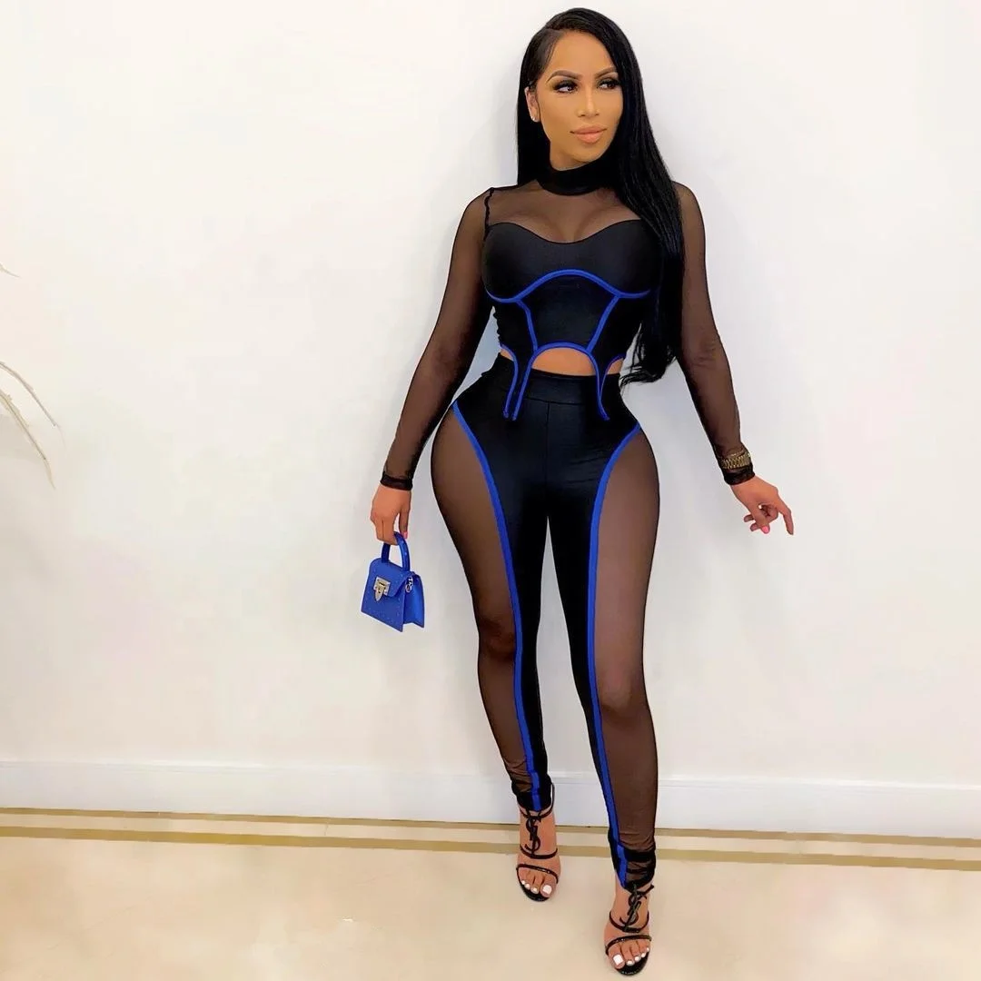 

2021 New Arrivals Mesh Sheer Two Piece Suit Sexy Club Wear Long Sleeve Tops Leggings Outfit Sets, Customized color