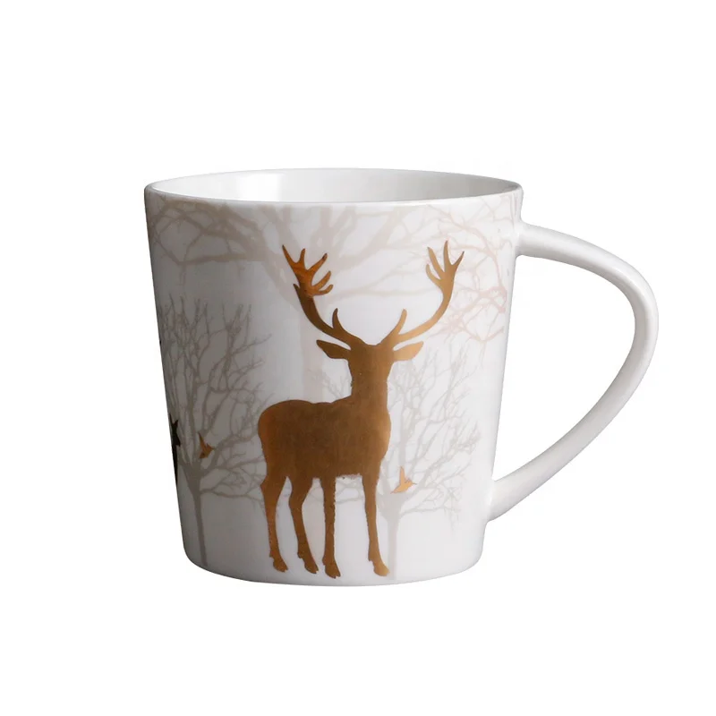 

500 ml White glazed ceramic cup with gold reindeer Light Luxury coffee Mugs Ceramic Office Water Mugs Coffee Mugs
