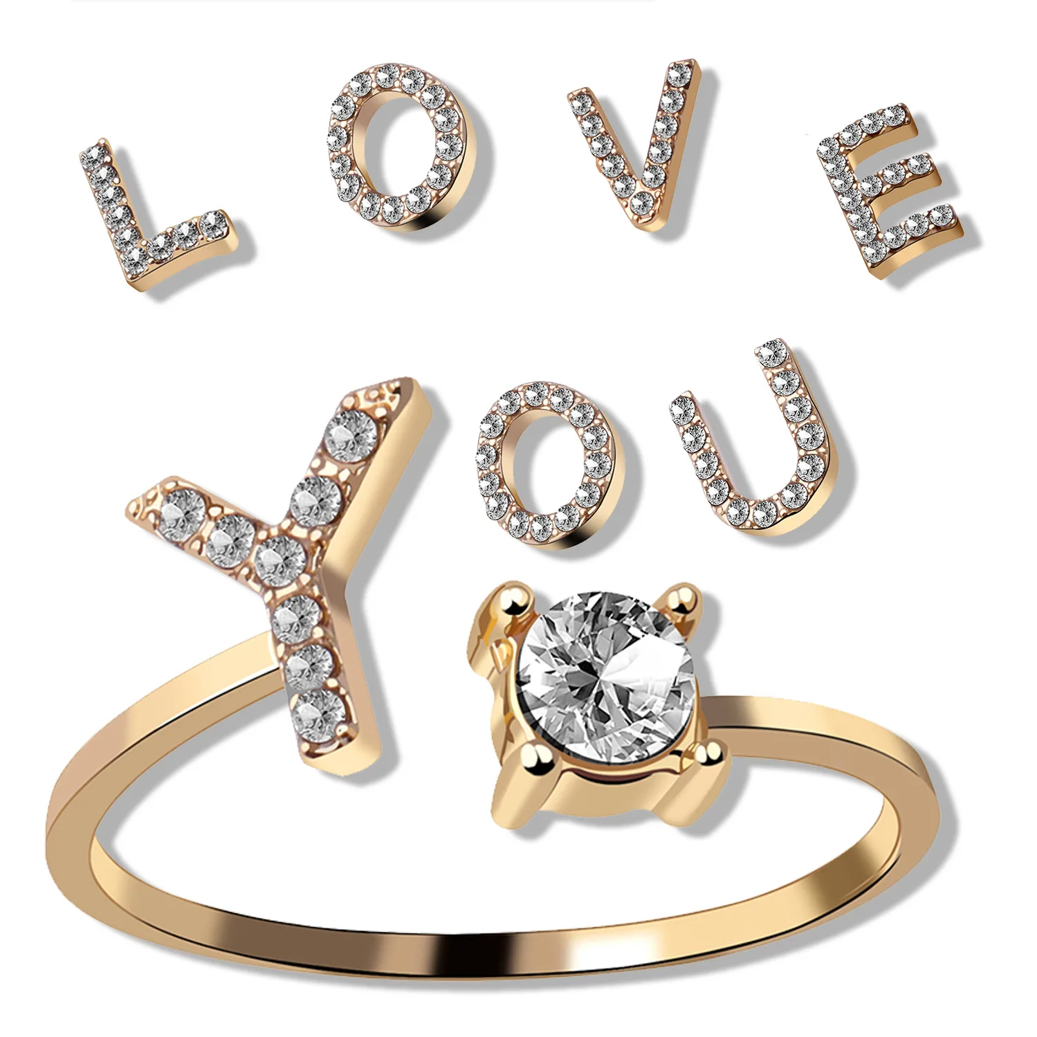 

rings with letters 26 letter diamond ring creative fashion open ring, Gold