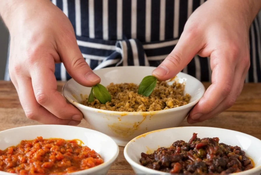 Chef's hands mixing different colored pepper pastes in small bowls demonstrating layering technique