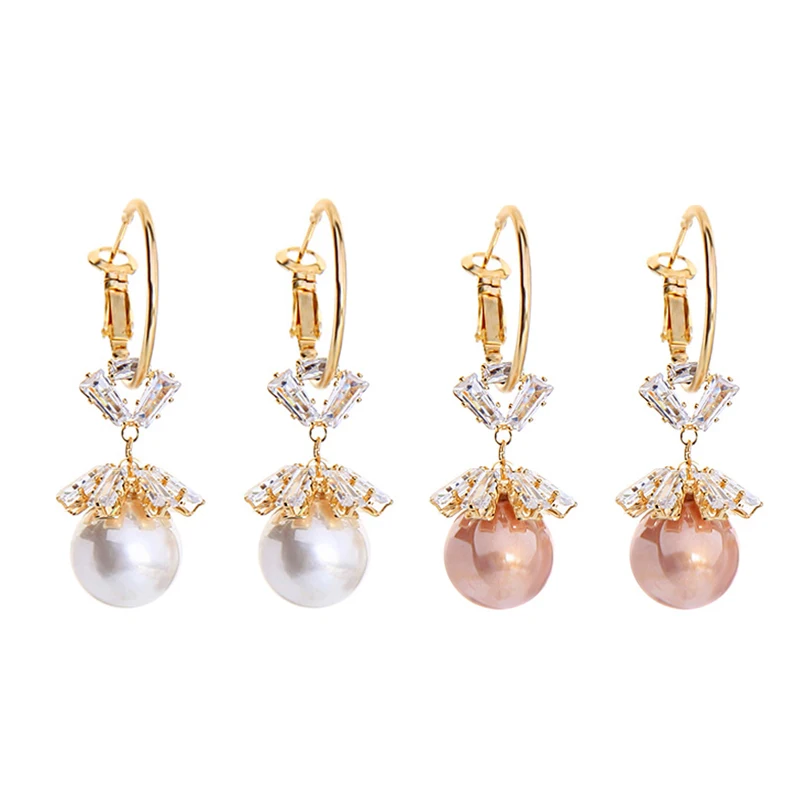 

1149 New Designs Womens Fashion Flower Pink Pearl Dangle Fancy Luxury Brass Gold Plated Hoop Earrings Cubic Zircon Dubai 24K