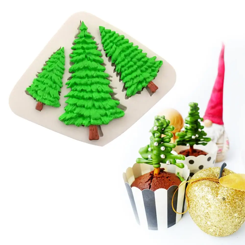 

3 Holes Christmas Tree Shape Fondant Bread Biscuit Chocolate Mold Stencil Fashion 3d Cooking For Cake Silicone, As photo