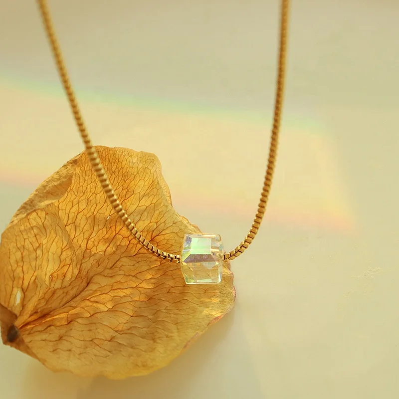 

Trendy Clear Crystal Pendant Box Chain Necklace Stainless Steel Jewelry