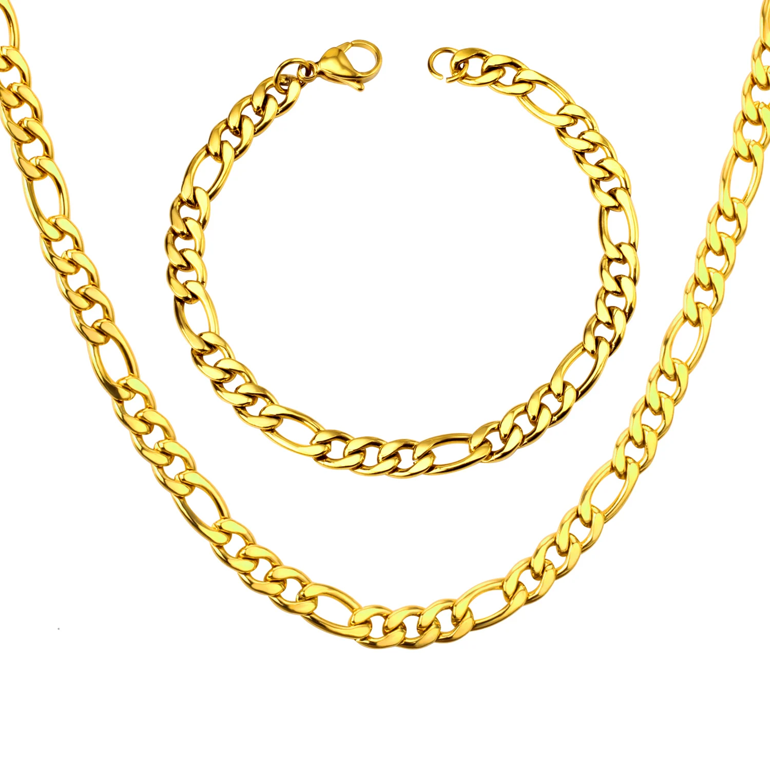 

Men Fashion Design Simple Stainless Steel Metal Hip Hop Chains Dubai Necklaces & Bracelets Gold Jewelry Sets