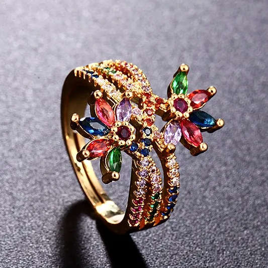 

2021 Newest Fashionable 18k Real Gold Plated CZ Flower Finger Ring Colorful Cubic Zirconia Flowers Finger Ring