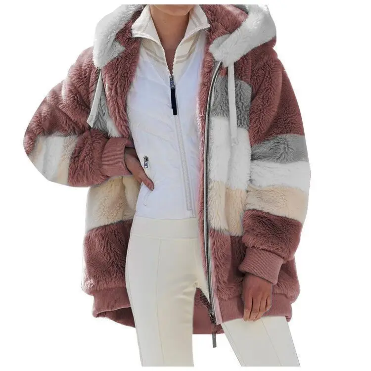 

2022 New Arrival Wholesale Latest Design Fall Winter Hooded Zipper Thicken Warm Plus Size Women Plush Jackets, Picture